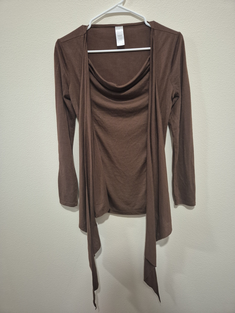 Brown Draped Open-Front Long Sleeve Top